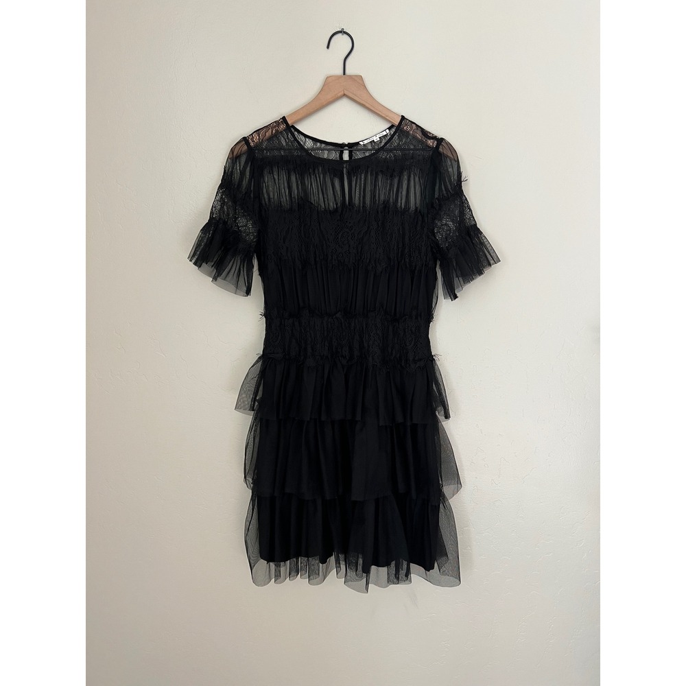 Willow &β Clay Black Lace Tulle Ruffle Tiered Short Sleeve Dress Size 6